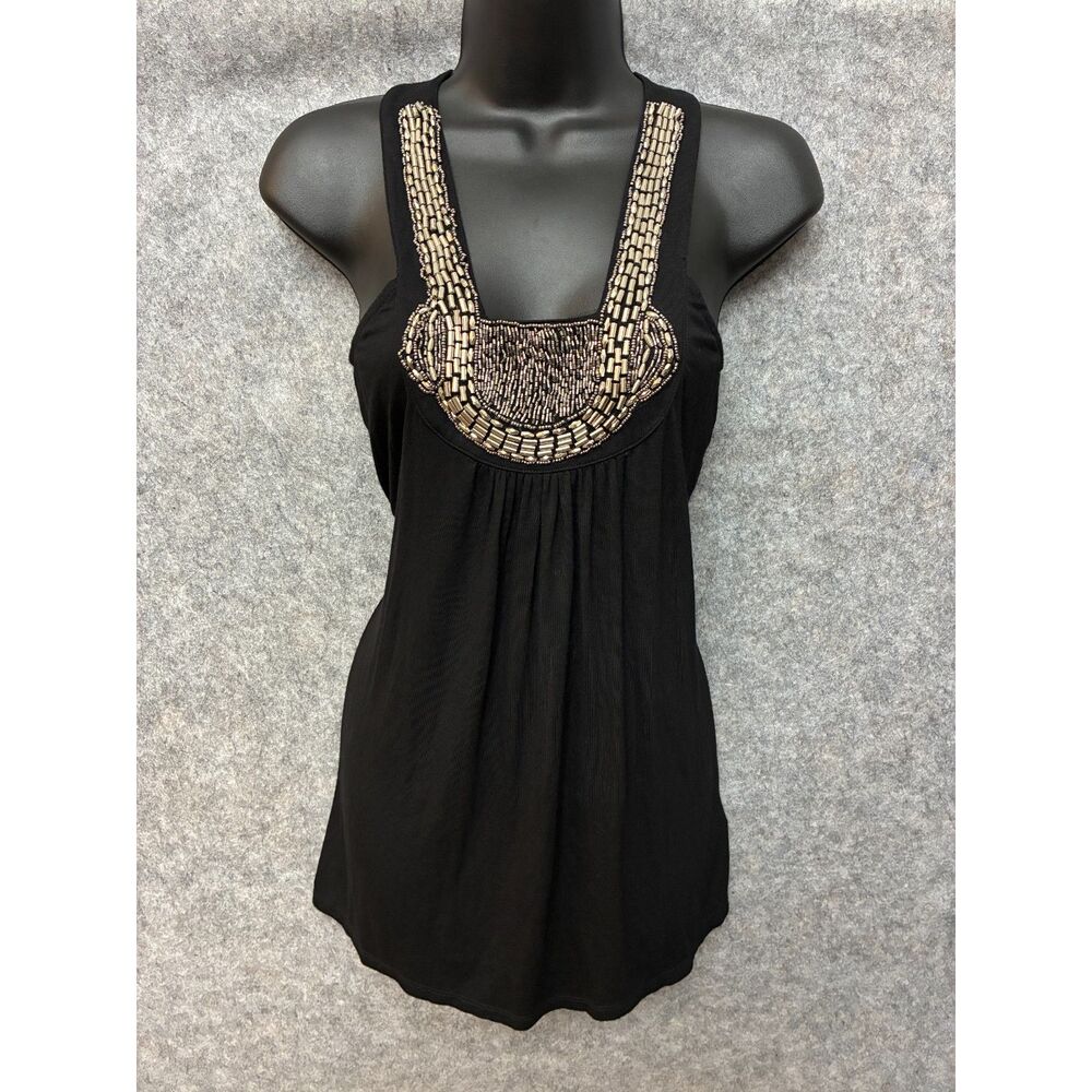 Rock & Roll Cowgirl Black Beaded Neck Tank Top Western Boho Festival Small